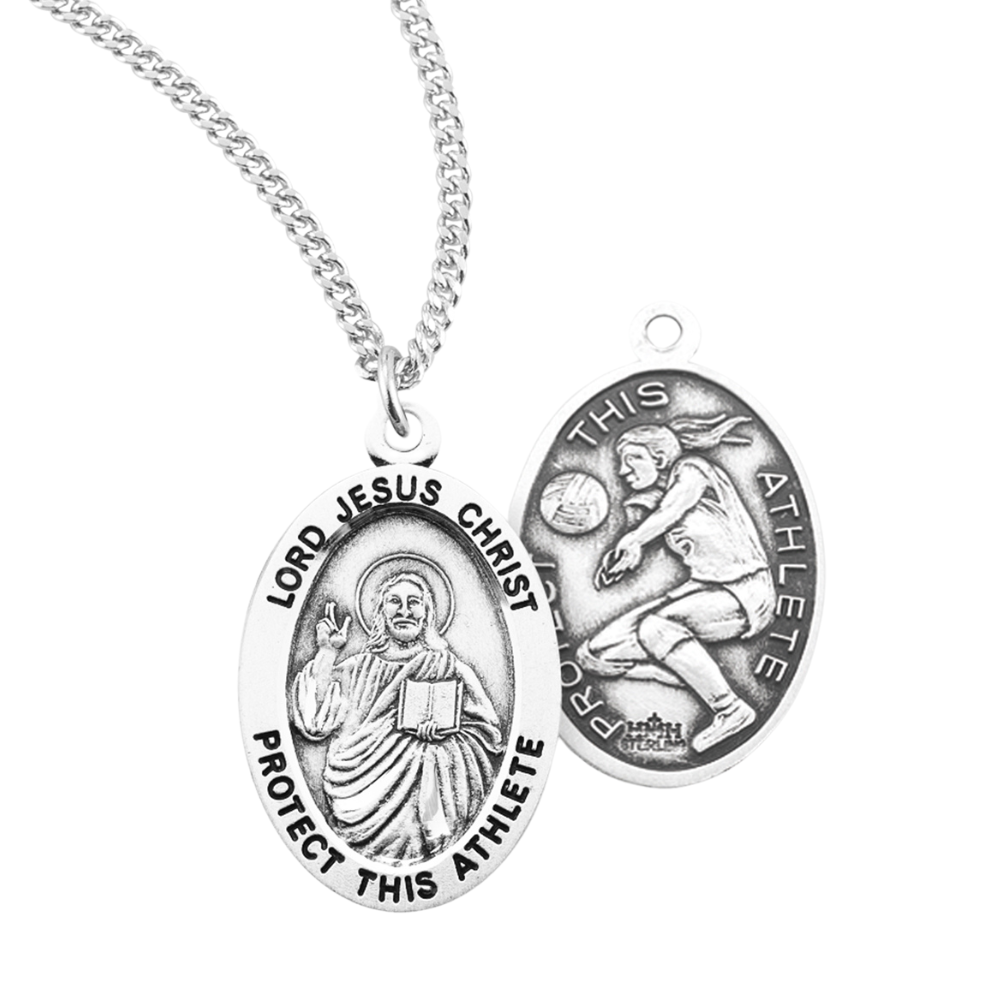 Lord Jesus Christ Oval Sterling Silver Female Lacrosse Athlete Medal, Catholic Gift, Made in USA