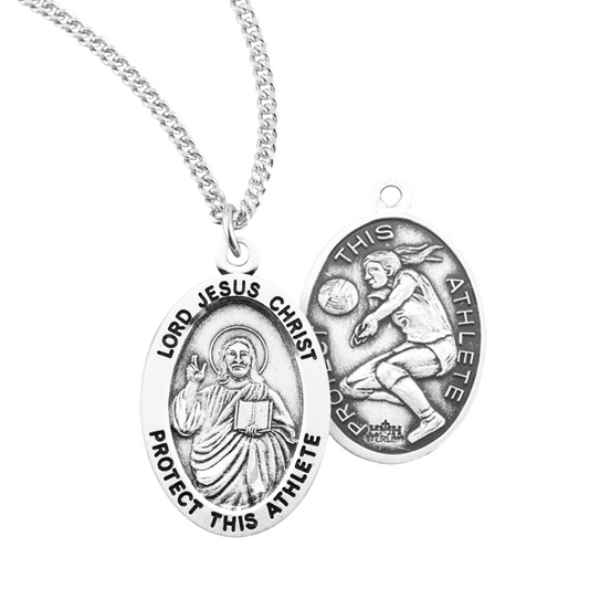Lord Jesus Christ Oval Sterling Silver Female Volleyball Athlete Medal, Catholic Gift, Made in USA