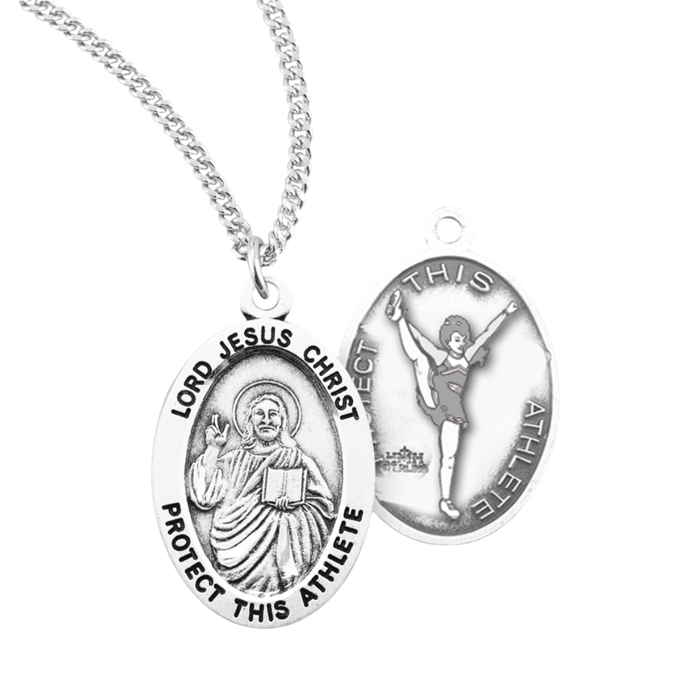 Lord Jesus Christ Oval Sterling Silver Female Cheer Athlete Medal, Catholic Gift, Made in USA