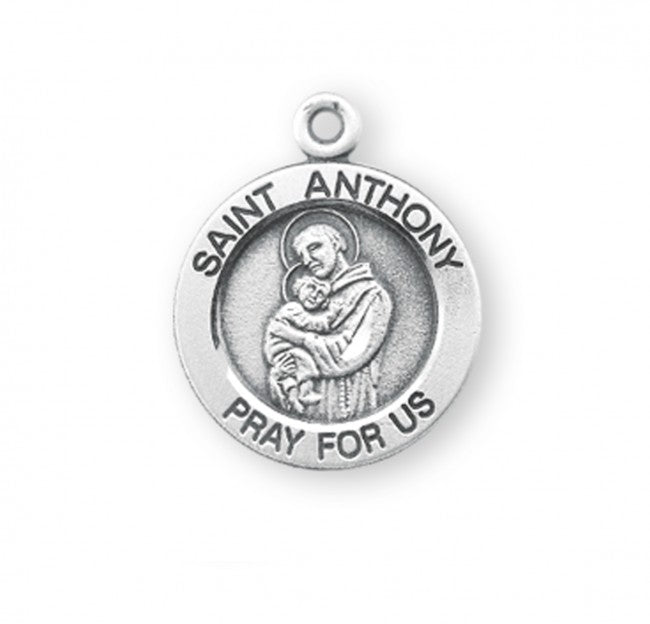 Saint Anthony Sterling Silver Round Medal Pendant — 18" Chain, Gift Box