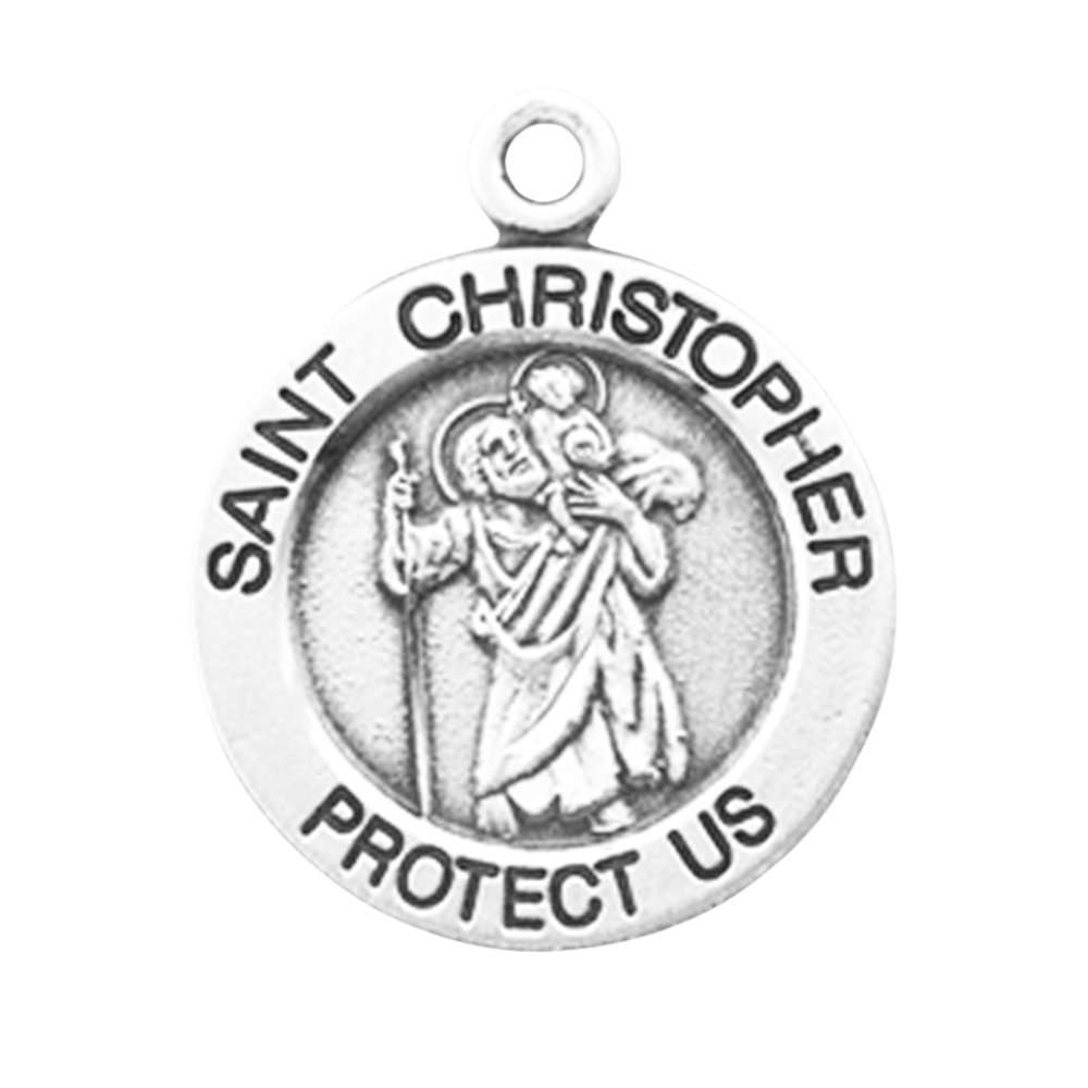 Saint Christopher Sterling Silver Round Medal Necklace — 18" Chain, Made in USA