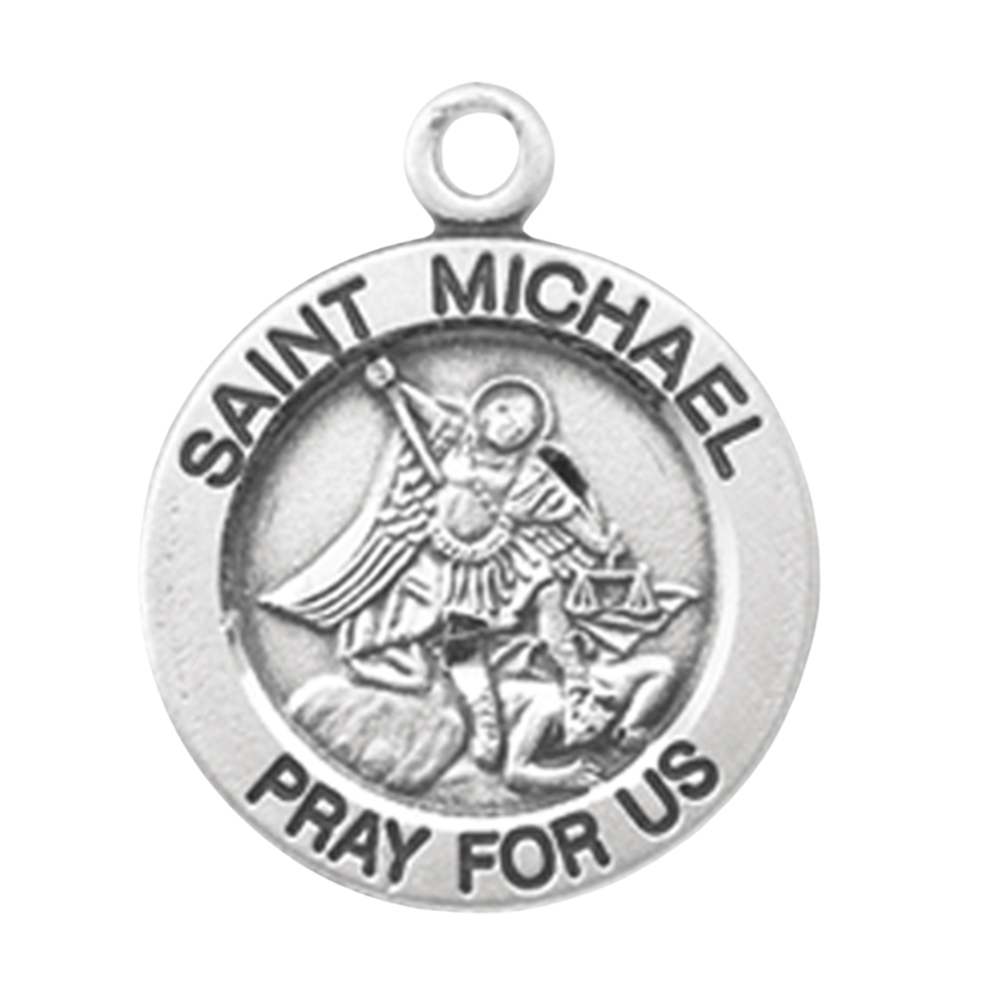 Saint Michael Sterling Silver Round Medal Pendant — 18" Chain, Gift Box