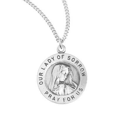 Sterling Silver 11/16" Round O. L. of Sorrow, Catholic Gift, Made in USA