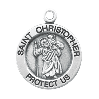 Saint Christopher Sterling Silver Round Medal — 18" Chain, Gift Box Included