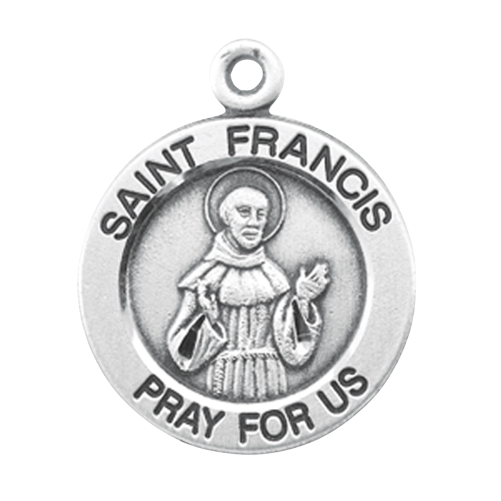 Saint Francis of Assisi Round Sterling Silver Medal Necklace, 18 Inch Chain