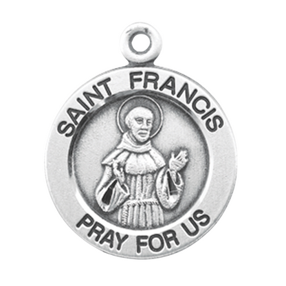 Saint Francis of Assisi Round Sterling Silver Medal Necklace, 18 Inch Chain