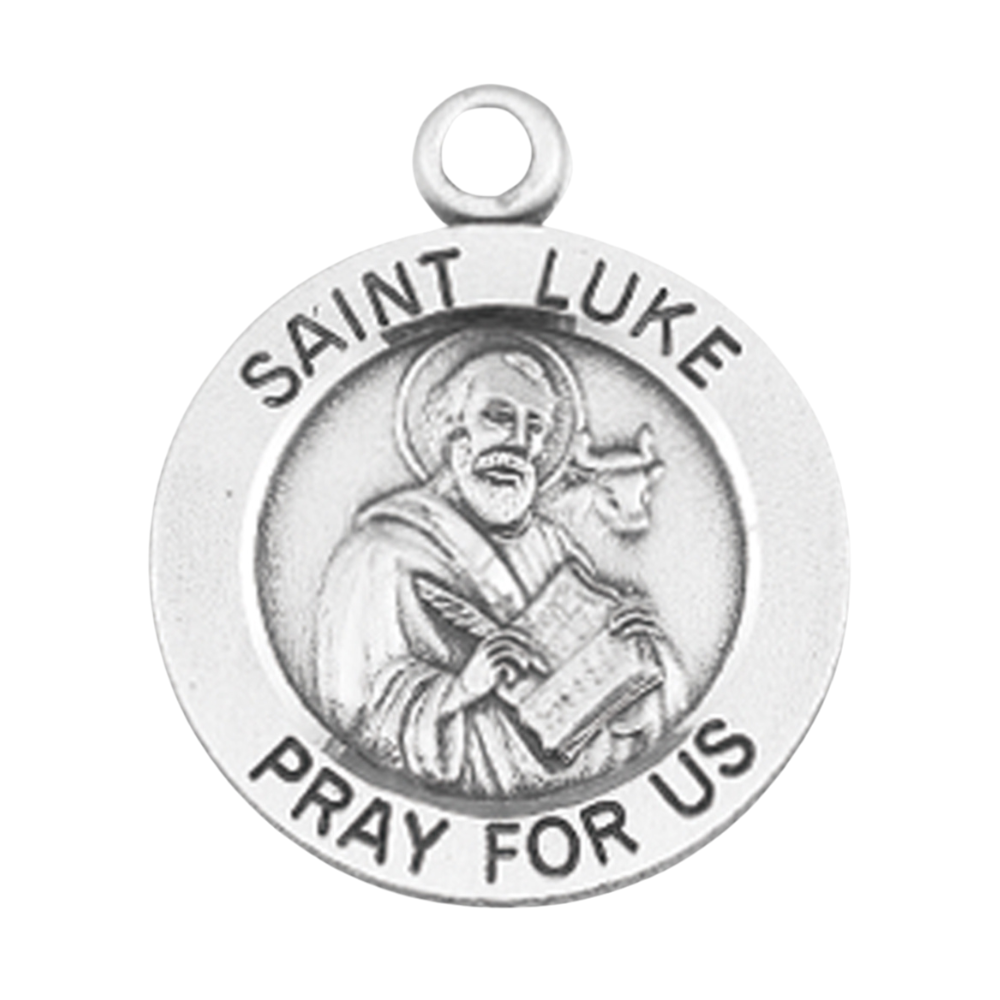 Saint Luke Sterling Silver Round Medal Pendant Necklace — 18" Chain, Gift Box
