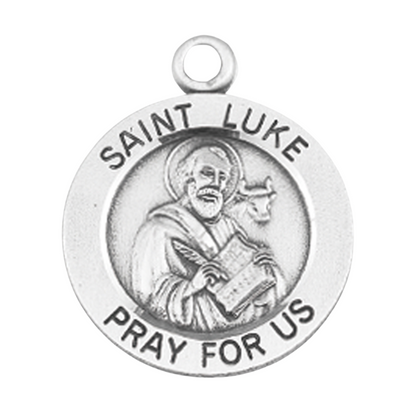 Saint Luke Sterling Silver Round Medal Pendant Necklace — 18" Chain, Gift Box