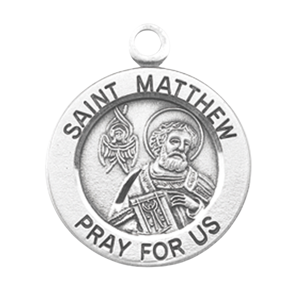 Saint Matthew Sterling Silver Round Medal Pendant — 18" Chain, Gift Box