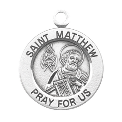 Saint Matthew Sterling Silver Round Medal Pendant — 18" Chain, Gift Box