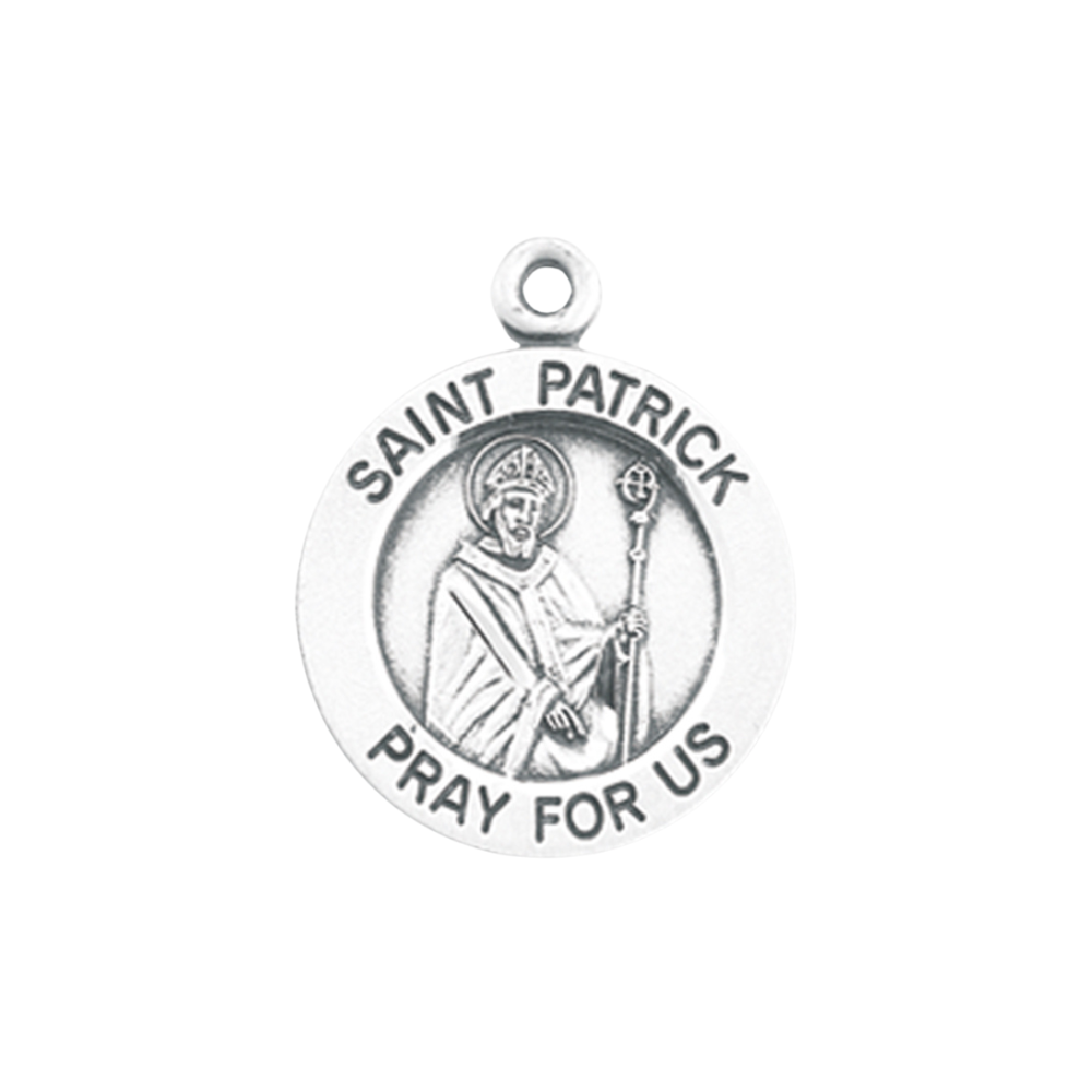 Saint Patrick Sterling Silver Round Medal Necklace - 18" Chain, Made in USA