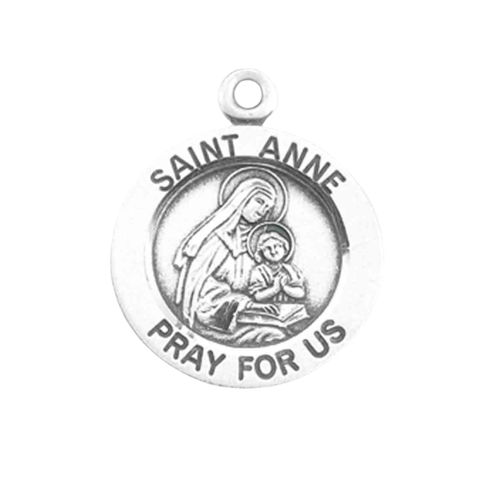 Saint Anne Sterling Silver Round Medal Necklace — 18" Chain, Gift Box Included