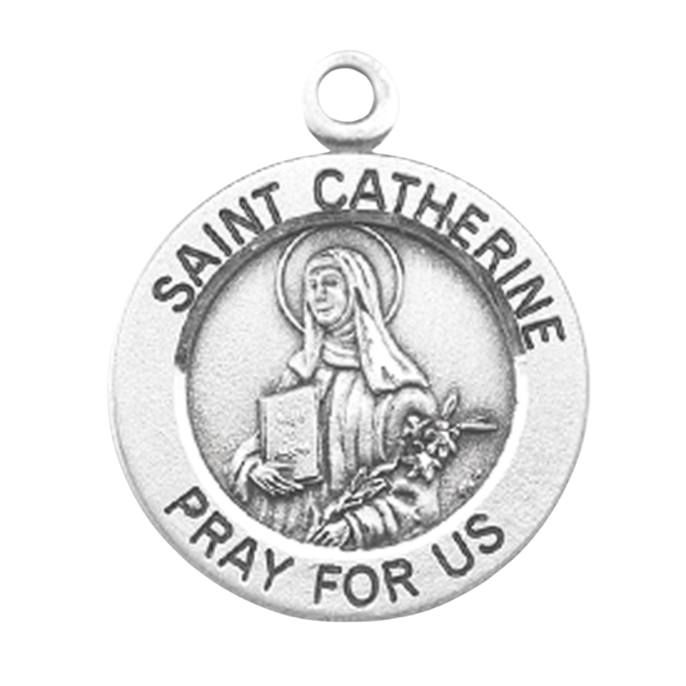 St. Catherine Sterling Silver Round Medal Necklace — 18" Chain, Gift Box