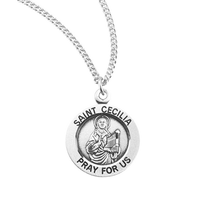 Patron Saint Cecilia Round Sterling Silver Medal, Catholic Gift, Made in USA