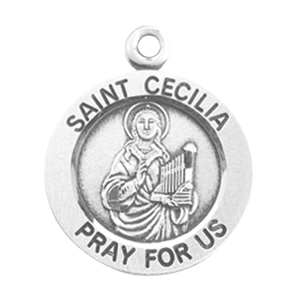 Saint Cecilia Sterling Silver Round Medal Pendant — 18" Chain, Gift Box