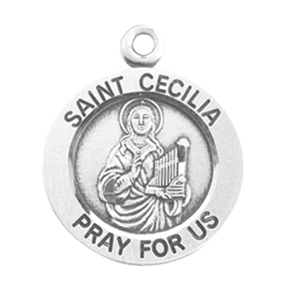 Saint Cecilia Sterling Silver Round Medal Pendant — 18" Chain, Gift Box