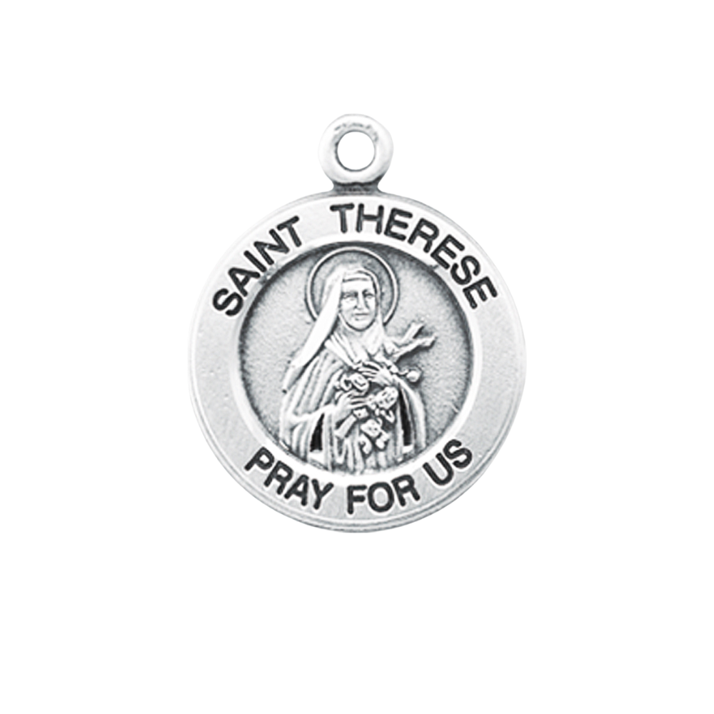 Saint Therese of Lisieux Sterling Silver Round Medal — 18" Chain, Gift Box