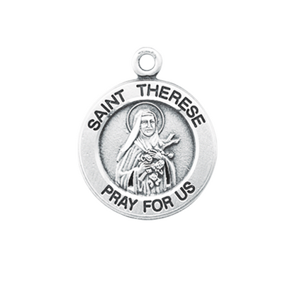 Saint Therese of Lisieux Sterling Silver Round Medal — 18" Chain, Gift Box