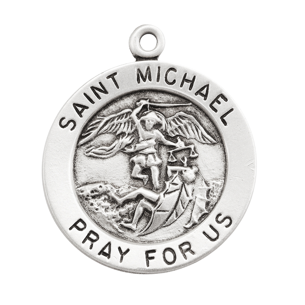 Saint Michael Sterling Silver Round Medal Necklace — 24" Chain, Made in USA