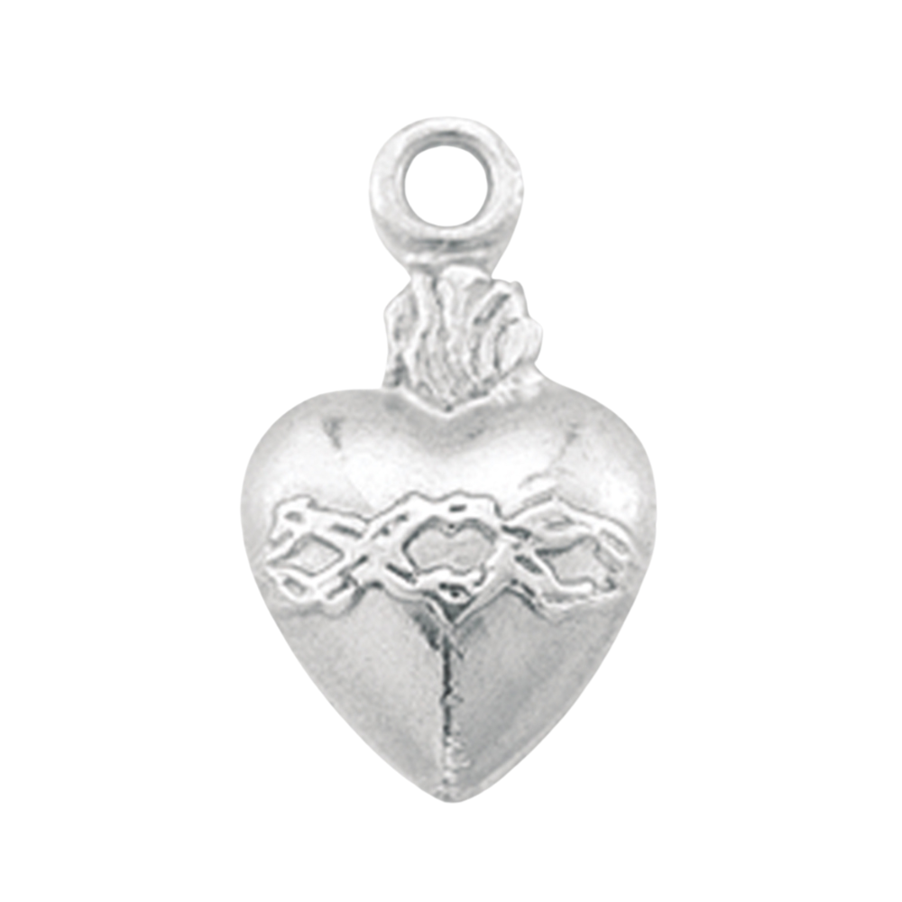 Sacred Heart of Jesus Sterling Silver Heart Medal Pendant — 18" Chain, Gift Box