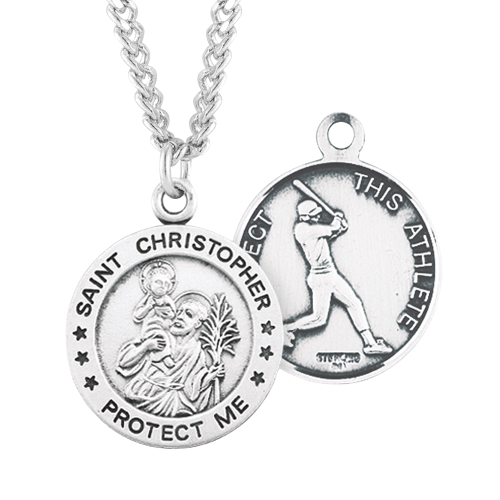 Saint Christopher Round Sterling Silver Baseball Male Athlete Medal, Catholic Gift, Made in USA
