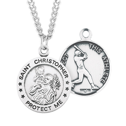 Saint Christopher Round Sterling Silver Baseball Male Athlete Medal, Catholic Gift, Made in USA