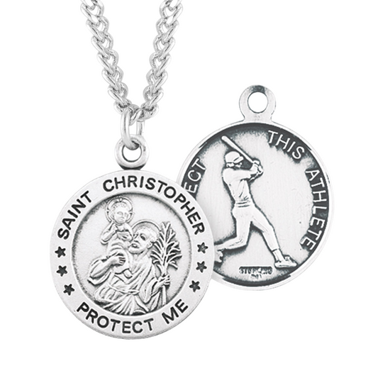 Saint Christopher Round Baseball Male Athlete Medal Sterling Silver Pendant - 24 Inch Chain, Made in USA, Gift Box Included