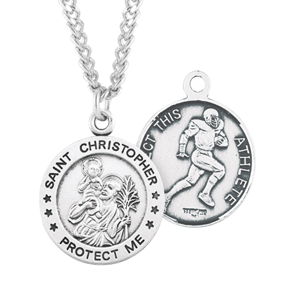 Saint Christopher Round Sterling Silver Football Male Athlete Medal, Catholic Gift, Made in USA