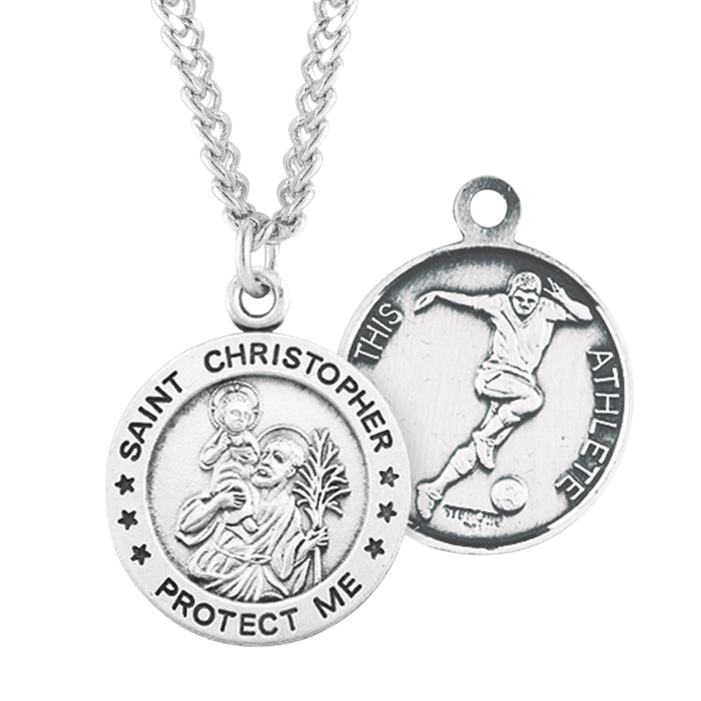 Saint Christopher Round Sterling Silver Soccer Male Athlete Medal, Catholic Gift, Made in USA