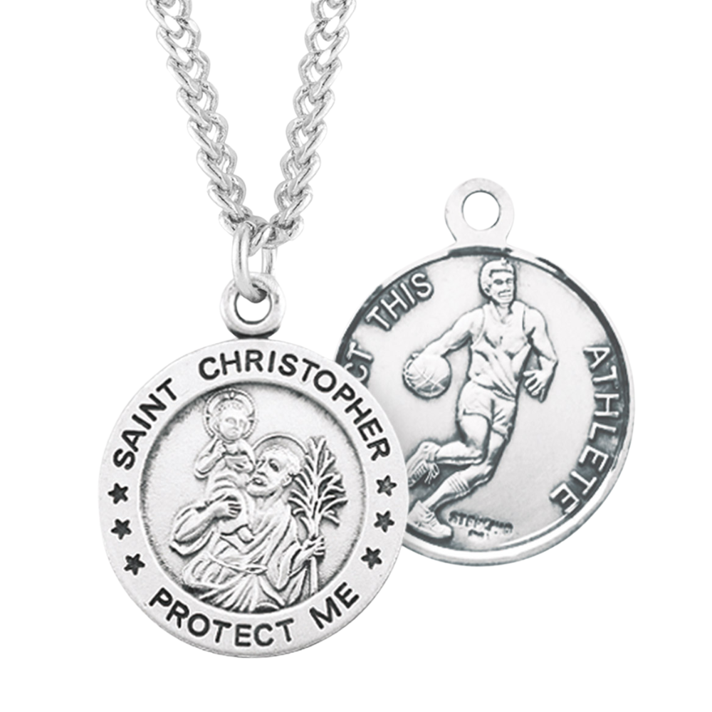 Saint Christopher Round Sterling Silver Basketball Male Athlete Medal, Catholic Gift, Made in USA