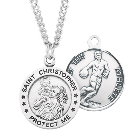 Saint Christopher Round Sterling Silver Basketball Male Athlete Medal, Catholic Gift, Made in USA