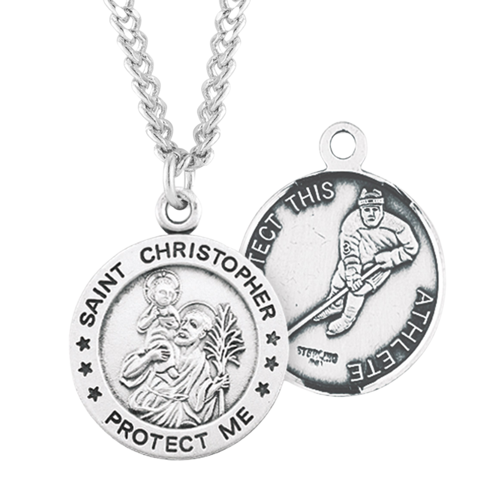 Saint Christopher Round Sterling Silver Hockey Male Athlete Medal, Catholic Gift, Made in USA