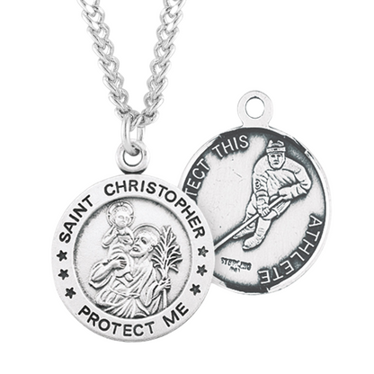 Saint Christopher Round Sterling Silver Hockey Male Athlete Medal, Catholic Gift, Made in USA