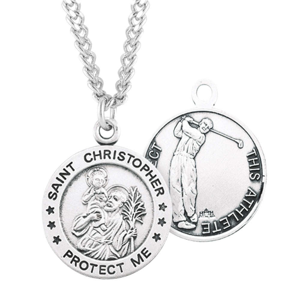 Saint Christopher Round Sterling Silver Golf Male Athlete Medal, Catholic Gift, Made in USA
