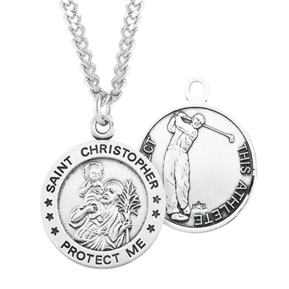 Saint Christopher Round Sterling Silver Golf Male Athlete Medal, Catholic Gift, Made in USA