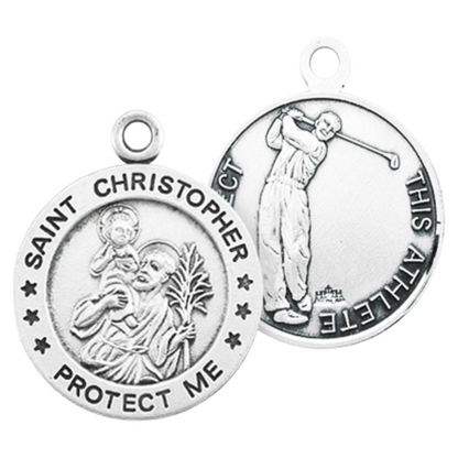 Saint Christopher Sterling Silver Golf Medal Pendant - 24 Inch Chain, Gift Box