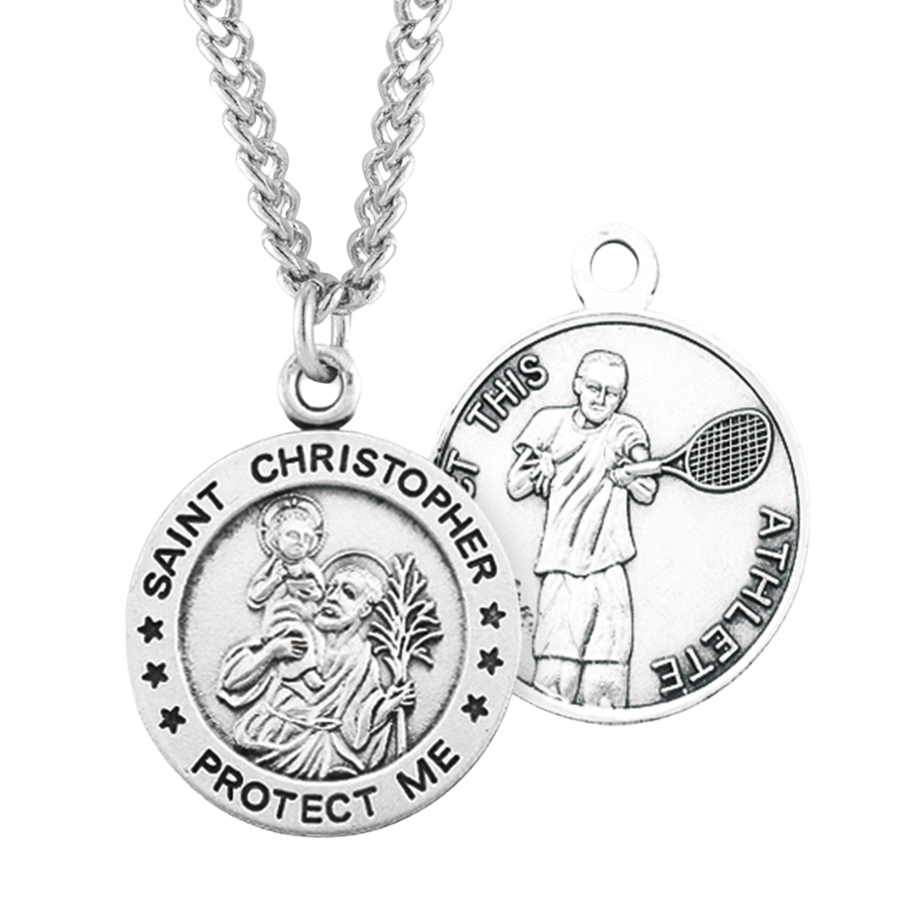 Saint Christopher Round Sterling Silver Tennis Male Athlete Medal, Catholic Gift, Made in USA