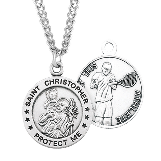 Saint Christopher Round Sterling Silver Tennis Male Athlete Medal, Catholic Gift, Made in USA