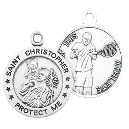 Saint Christopher Round Sterling Silver Tennis Athlete Medal Pendant Necklace