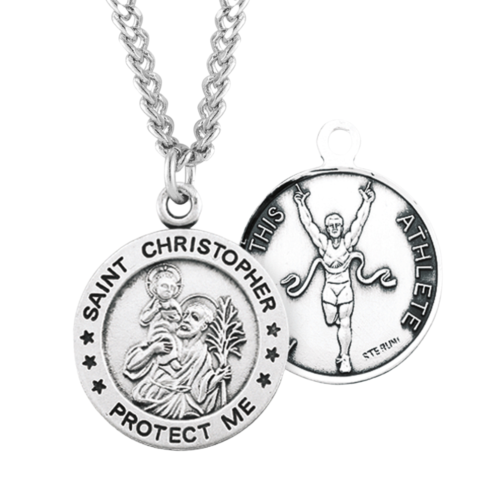 Saint Christopher Round Sterling Silver Track Male Athlete Medal, Catholic Gift, Made in USA