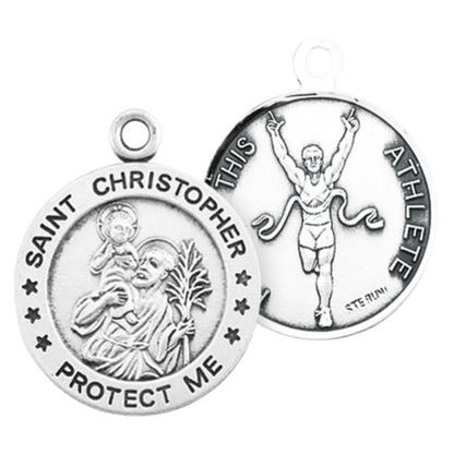 Saint Christopher Sterling Silver Track Medal Pendant — 24" Chain, Gift Box