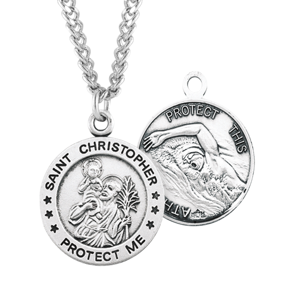 Saint Christopher Round Sterling Silver Swimming Male Athlete Medal, Catholic Gift, Made in USA