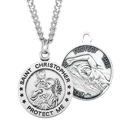 Saint Christopher Round Sterling Silver Swimming Male Athlete Medal, Catholic Gift, Made in USA