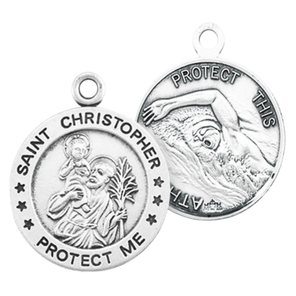 Saint Christopher Sterling Silver Swimming Medal Necklace — 24 Inch Chain