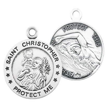 Saint Christopher Sterling Silver Swimming Medal Necklace — 24 Inch Chain