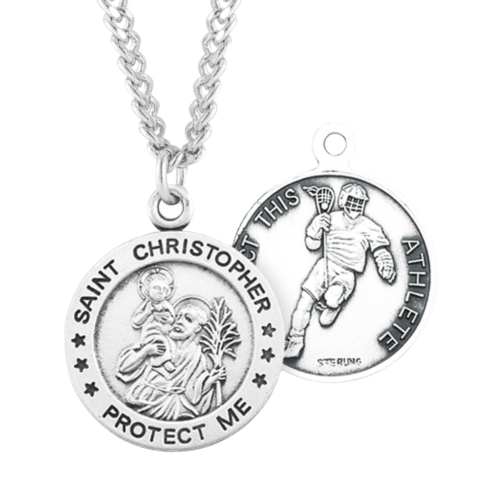 Saint Christopher Round Sterling Silver Lacrosse Male Athlete Medal, Catholic Gift, Made in USA