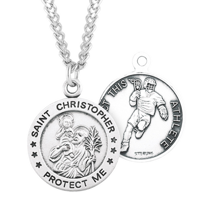 Saint Christopher Round Sterling Silver Lacrosse Male Athlete Medal, Catholic Gift, Made in USA