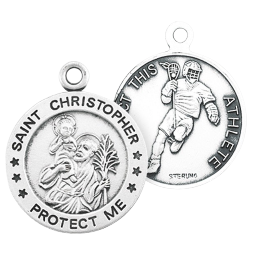 Saint Christopher Sterling Silver Lacrosse Medal Necklace — 24" Chain