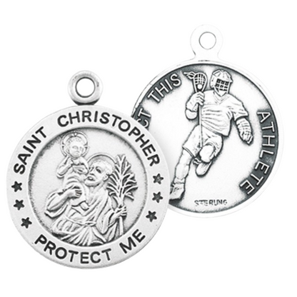 Saint Christopher Sterling Silver Lacrosse Medal Necklace — 24" Chain