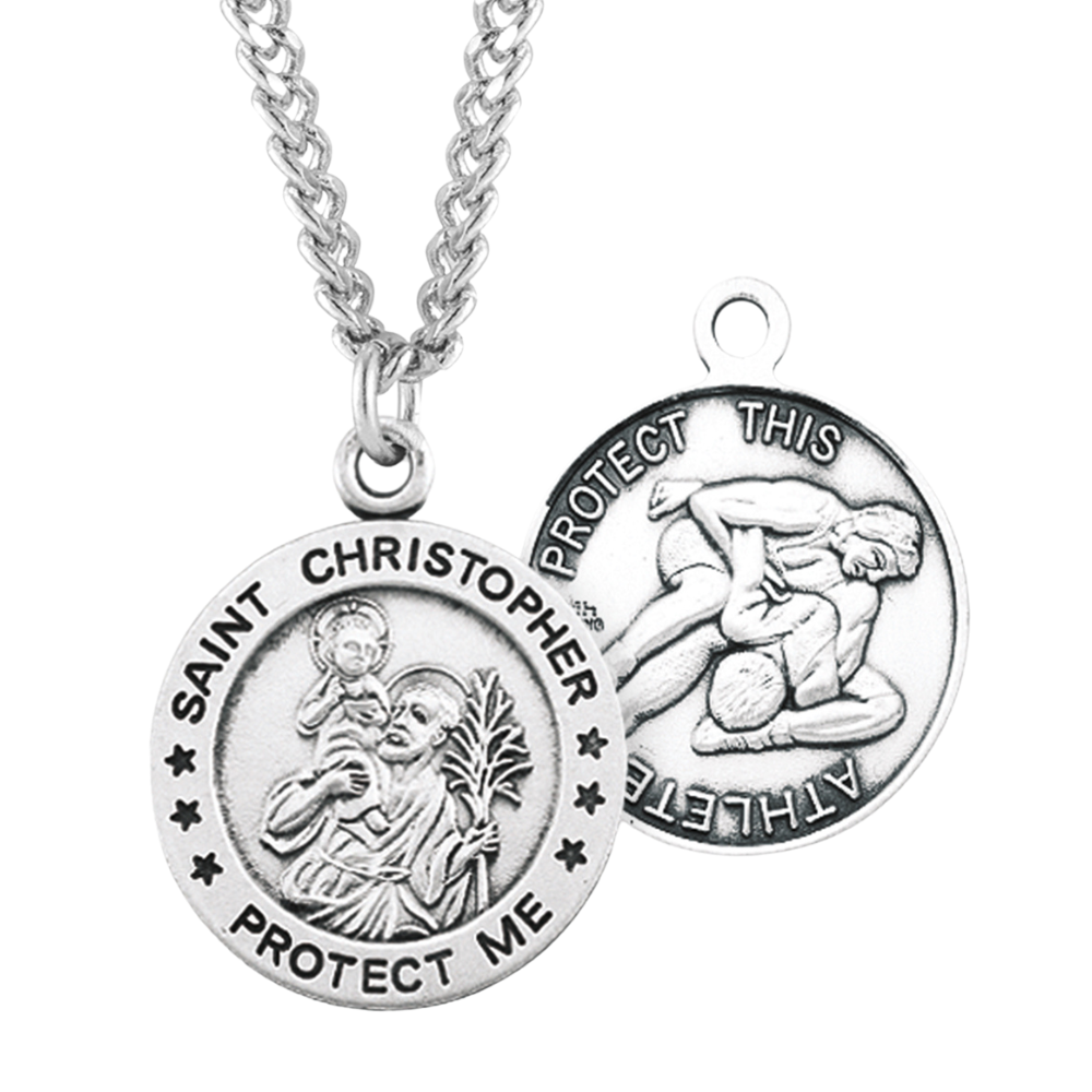 Saint Christopher Round Sterling Silver Wrestling Male Athlete Medal, Catholic Gift, Made in USA